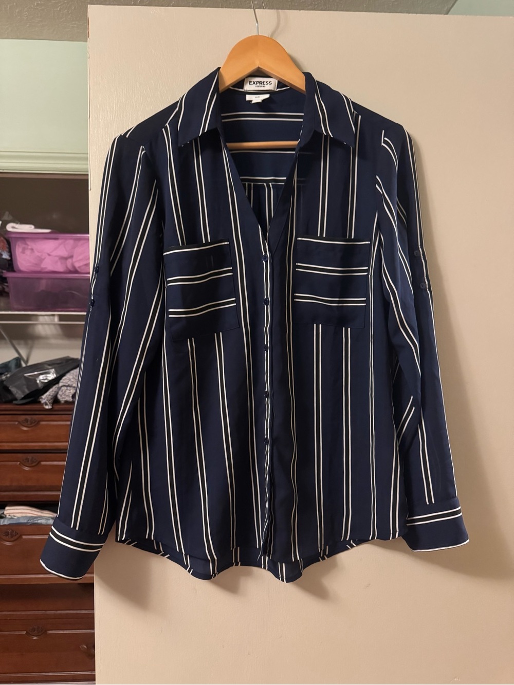Express Navy and White Vertical Stripe Button-Front Shirt